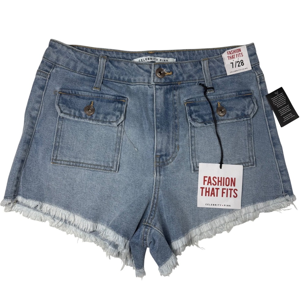 Celebrity Pink Womens High Rise Denim Shorts Light Wash Frayed Hem 7/28 NEW